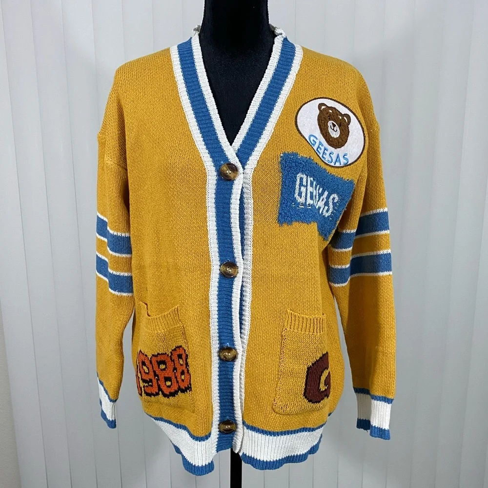 AELFRIC EDEN Unisex Varsity Letterman Sweater Cardigan Patchwork Yellow Gold M - Picture 2 of 12
